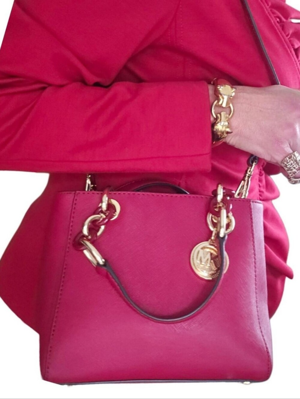 Red Michael Kors Riley Two Way Saffiano Leather Gold Chain Bag
